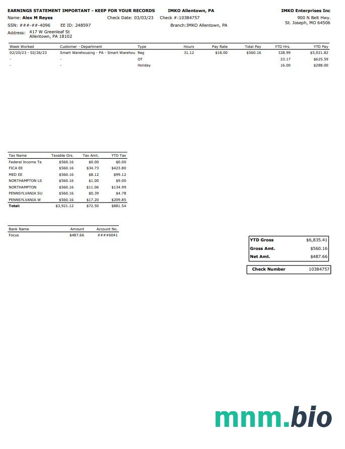 Imko Enterprises Inc PayStub